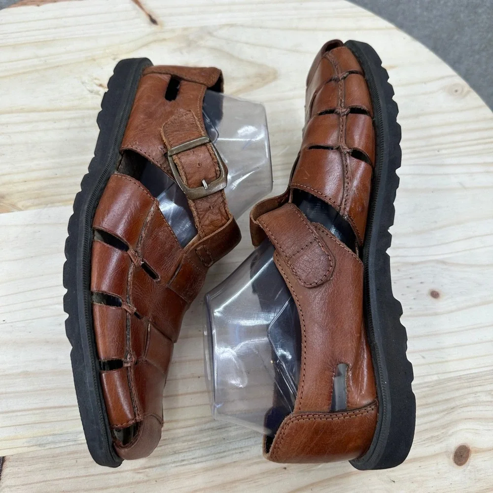 Vintage Fisherman Sandals Mens 8.5 Brown Leather Woven Buckle Strap